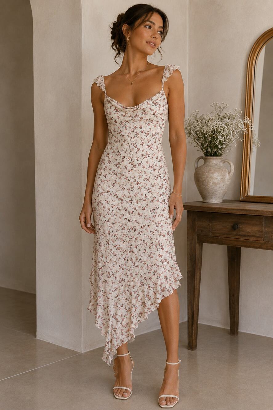 Kirious Los Angeles Floral Draped Neck Midi Dress Coquette Romantic Feminine